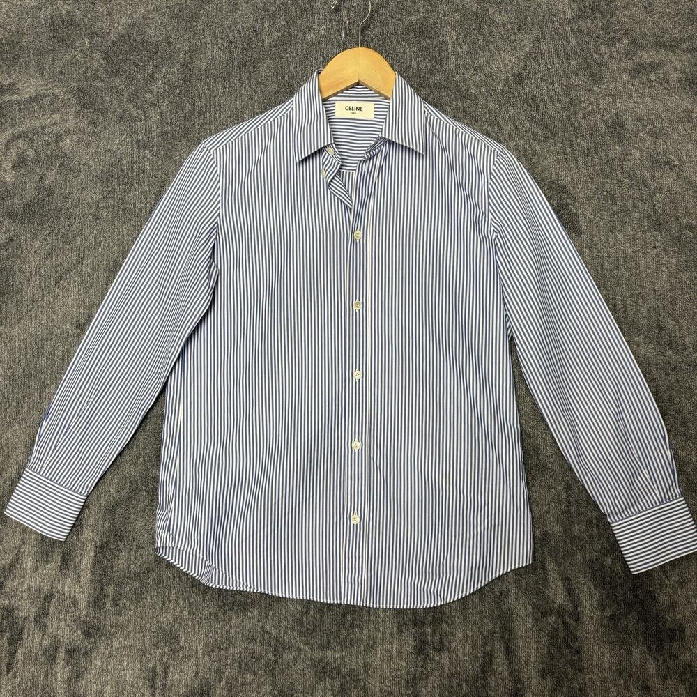 Celine Paris Blue White Stripe Button Up Shirt Womens Large Collared Long Sleeve - Picture 9 of 9
